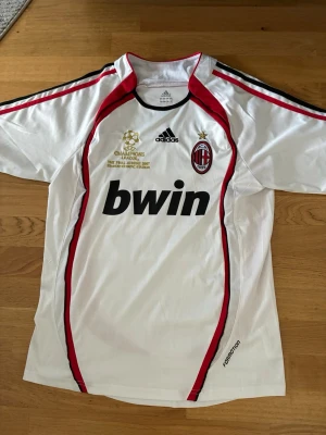 AC Milan bortatröja Kaka 22 Adidas - Säljer en vit AC Milan bortatröja från Adidas med röda och svarta detaljer. Tröjan har tryck med Kaka och nummer 22 på ryggen samt Champions League-detaljer på bröstet. Tillverkad i funktionsmaterial, perfekt för fotbollsträning eller match.
