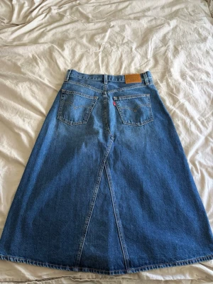 Blå lång jeanskjol med fickor ifrån Levis  - Säljer en blå lång jeanskjol i klassisk denim med två bakfickor och knappgylf framtill. Kjolen har en A-linjeformad siluett och är perfekt för dig som gillar en avslappnad men ändå snygg stil. Passar till många olika looks!knappt använd så är i mkt bra skick!!💗