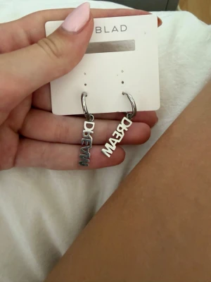 Silvriga örhängen med DREAM-text - Säljer ett par coola silvriga örhängen i metall med hängande bokstäver som stavar ordet DREAM. Örhängena har en modern och trendig look med ringfäste och texten hänger vertikalt. Perfekta för dig som vill sticka ut lite extra.