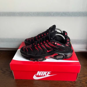 Nike Air Max Plus svart/röd sneakers - Nike Air Max Plus sneakers i svart mesh med röda detaljer och synliga Air-enheter i sulan. Skorna har en sportig siluett med vågformade linjer och en robust yttersula. Perfekta för dig som gillar streetwear och vill sticka ut med en klassisk modell.