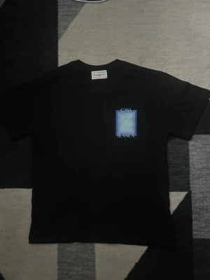 Svart Casa Blanca t-shirt med tryck - Snygg svart t-shirt från Casa Blanca med grafiskt tryck i blå toner på både bröstet och ryggen. T-shirten har klassisk passform och korta ärmar. Perfekt för dig som gillar stilrena plagg med en twist.