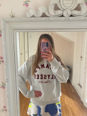 Grå sweatshirt med röd text - Säljer en oversized grå sweatshirt med trycket 'Champs Elysées' i rött framtill. Tröjan har rund halsringning, långa ärmar och mjukt material som känns skönt mot huden. Perfekt för en avslappnad och trendig look.