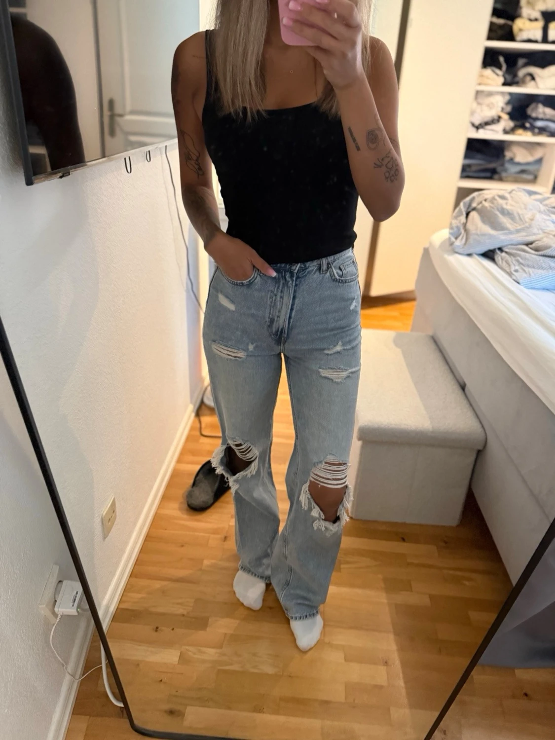 Ljusblå ripped straight leg jeans - 3