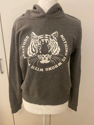 Grå hoodie - En grå hoodie från Gina Tricot med vit text och tiger på. Storlek S. Använd ett fåtal gånger. Mycket bra skick. 