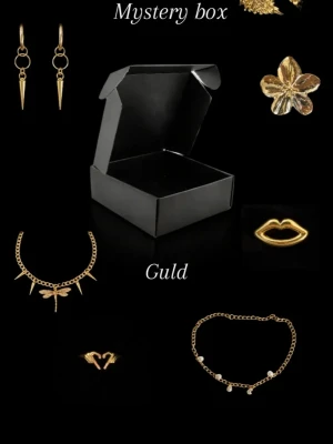 Mystery box med guldsmycken - 1 smycke pär box! Mystery box fylld med olika guldfärgade smycken som halsband, örhängen, ringar och armband. Innehållet har motiv som läppar, blommor, trollslända och vingar. Perfekt för dig som gillar överraskningar och unika accessoarer.