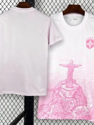 Vit och rosa t-shirt med tryck - Säljer en vit t-shirt med ljusrosa tryck av Kristusstatyn och stadsmotiv framtill. T-shirten har korta ärmar och rund hals. Perfekt för dig som gillar unika motiv och vill sticka ut lite extra.
