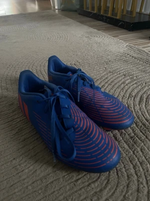 Blå fotbollsskor från Puma - Säljer ett par blå fotbollsskor från Puma med snygga röda detaljer i form av cirkulära mönster på ovandelen. Skorna har klassisk snörning och är tillverkade i syntetmaterial som ger bra grepp och känsla på planen. Perfekta för dig som vill sticka ut på matchen!