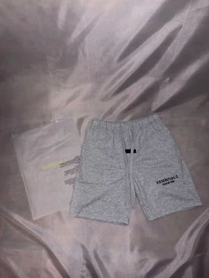 Grå Essentials shorts med snörning - Säljer ett par ljusgrå shorts från Fear of God Essentials med snörning i midjan och tryckt logga på benet. Sköna och stilrena shorts i mjukt bomullsmaterial, perfekta för sommaren. Kommer med originalpåse.