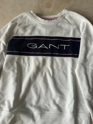 Vit sweatshirt från GANT - Vit sweatshirt från GANT med marinblå panel och rosa detaljer över bröstet. Stor GANT-logga framtill. Klassisk rund halsringning och långa ärmar. Mjuk bomullskänsla och ribbade muddar vid ärmslut och nederkant.