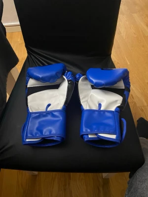 Blå boxningshandskar från Gongbo - Säljer ett par blå boxningshandskar från Gongbo med svart och vit detalj. Handskarna har bred kardborrestängning vid handleden och är tillverkade i konstläder. Perfekta för träning inom boxning eller kampsport.