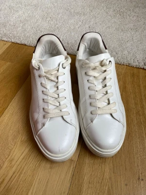 Zara Klassiska vita sneakers  - Säljer ett partats  stilrena vita sneakers med lågt skaft och vita snören har en minimalistisk design som passar till många olika outfits. Perfekt för dig som gillar en clean och enkel look.