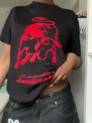 Svart Lamborghini t-shirt med röd print - Svart t-shirt med stor röd tjur och Lamborghini-tryck framtill. Klassisk passform och korta ärmar. Liten gul detalj i nacken på baksidan. Perfekt för dig som gillar streetwear och vill sticka ut.