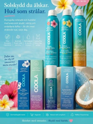 solskydd och hudvård - Ekologiska solskyddsprodukter från COOLA med SPF 30-50. Produkterna finns som spray och mousse i blå, turkosa och gröna förpackningar. Innehåller naturliga ingredienser, är veganska och har tropiska dofter. Perfekt för dig som vill skydda huden med stil.