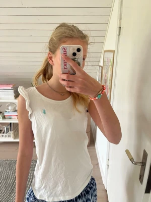 Vit linnetopp från Polo Ralph Lauren - Säljer en vit linnetopp från Polo Ralph Lauren med volangdetaljer vid ärmöppningarna och broderad logga i ljusblått på bröstet. Toppen är ärmlös och har en rund halsringning. Perfekt för sommardagar och enkel att matcha.