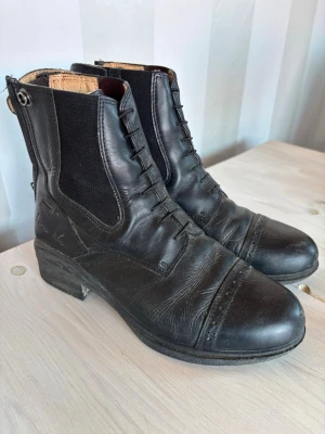 Svarta ridskor med dragkedja - Snygga svarta stövletter i äkta läder med snörning framtill och dragkedja bak. Bootsens design har elastiska paneler på sidorna och dekorativa sömmar över tån. Perfekta för dig som gillar klassisk och stilren look.