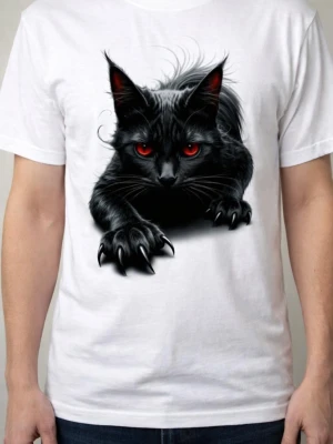 Vit t-shirt med svart kattmotiv - Snygg vit t-shirt med ett stort tryck av en svart katt med intensiva röda ögon på bröstet. T-shirten har klassisk passform och korta ärmar. Perfekt för dig som gillar djurmotiv och vill sticka ut med en cool design.
