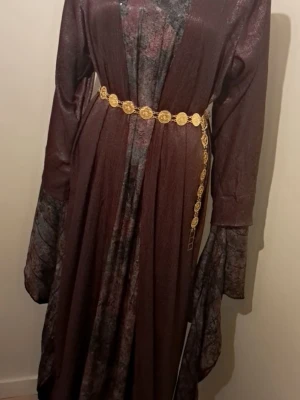 Medeltida klänning med guldbälte - Säljer en lång, vinröd medeltidsinspirerad klänning med vida ärmar och ett dekorativt guldfärgat bälte i midjan. Tyget har en lätt skimrande yta och inslag av mörkare nyanser. Perfekt för cosplay, lajv eller maskerad.