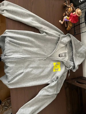 Grå DC zip-hoodie med tryck - Säljer en grå zip-hoodie från DC med gul logga på bröstet och en stor, färgglad grafisk illustration på ryggen. Hoodien har huva med dragsko och två fickor fram. Perfekt för dig som gillar streetwear och vill sticka ut med coola detaljer.