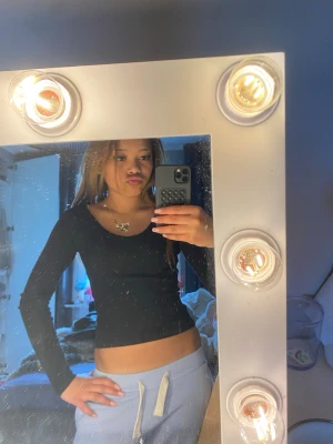 Svart croppad långärmad topp - En svart, croppad långärmad topp med rund halsringning. Sitter tight och har en enkel, stilren design som passar till många olika outfits. Perfekt för dig som gillar en clean och trendig look.