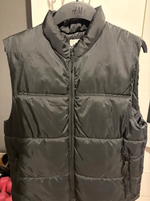 Svart dunväst från H&M - Stilren svart dunväst från H&M med hög krage och dragkedja framtill. Västen har två fickor med dragkedja och quiltad design som ger en puffig look. Perfekt att slänga över en hoodie för extra värme under kyliga dagar.