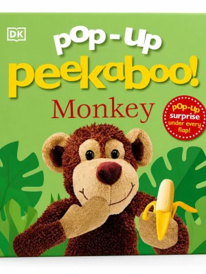 Pop-up bok Peekaboo Monkey - En färgglad pop-up bok med titeln 'Peekaboo Monkey' från DK. Boken har grönt omslag, roliga pop-up-effekter och illustrationer av en söt apa med banan. Perfekt för yngre barn som gillar överraskningar och djur.