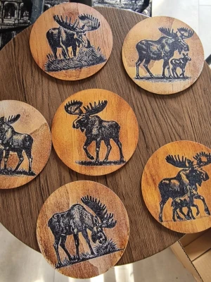 Glasunderlägg älgar - Glasunderlägg i trä med tryckta älgmotiv. Rund form med naturfärgad träyta och mörk illustration av älgar i olika motiv. Passar för användning under glas, koppar eller muggar för att skydda bordsskivor från fukt och värmemärken. Levereras som set av 6 st. 10×10 cm.
