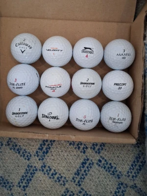 Ett Dussin Floridagolfbollar 2 - Säljer ett paket med ett dussin vita golfbollar från olika märken som Callaway, Top-Flite, Pinnacle, Bridgestone, Spalding, Maxfli, Precept och Slazenger. Perfekt för dig som vill ha många bollar till träning eller spel. Alla bollar är i klassisk rund form och tillverkade i plast.