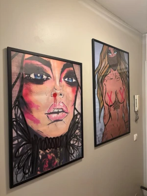 Coola tavlor  - Säljer två inramade tavlor med färgstarka porträtt av kvinnor i modern, grafisk stil. Inga ramar utan själva planschen . Print av Hanky .  Kommer fraktas i en rund hård rulle så dem kommer fram fina . 