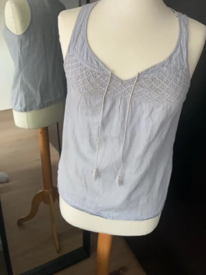 Ljusblått bomullslinne från H&M - Säljer en ljusblå linnetopp från H&M L.O.G.G. med broderade detaljer över bysten och tunna axelband. Toppen har en v-ringning med knytband framtill och är tillverkad i ett lätt och luftigt bomullsmaterial. Perfekt för varma dagar! EJ STRETCHIG!!!!⚠️⚠️