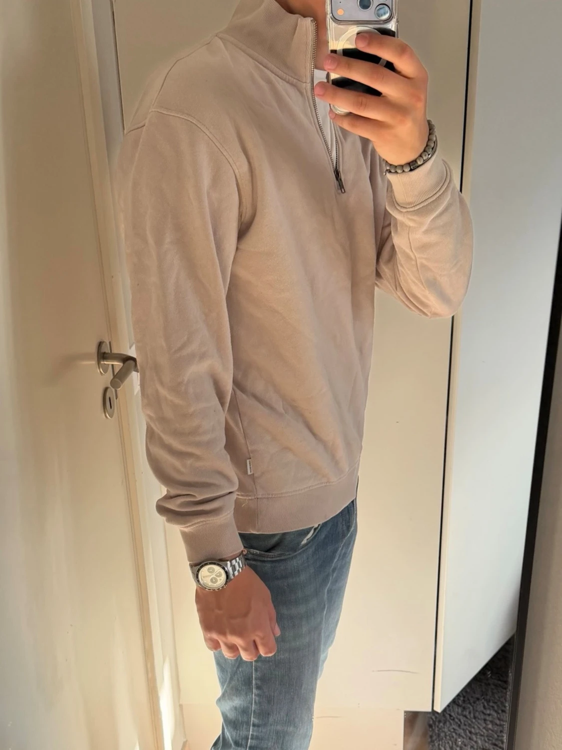 Beige sweatshirt med halv dragkedja - 1