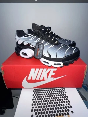 Nike Air Max Plus  TN svart/vit - Nike Air Max Plus sneakers i svart och vitt med gradient-effekt. Skorna har tydliga vita detaljer, svarta snören och synlig Air Max-dämpning i sulan. Ovandelen är i mesh med plastdetaljer och den ikoniska TN-loggan på hälen. Perfekt för dig som gillar streetwear.