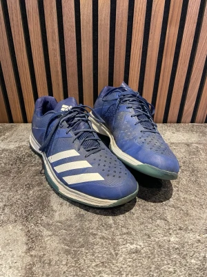 Blå Adidas inomhusskor - Säljer ett par blå inomhusskor från Adidas med vita ränder på sidan och ventilerande meshmaterial. Skorna har snörning, låg profil och slitstark sula som passar perfekt för sporter inomhus. Snygg design med diskreta mönsterdetaljer på sidorna.