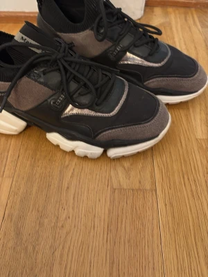 Chunky svarta sneakers med vita sulor - Säljer ett par chunky sneakers i svart och grått med vita, tjocka sulor. Skorna har en mix av material som mesh, mocka och syntet, samt svarta skosnören. Snygg kontrast mellan de olika texturerna och detaljer i metallic.