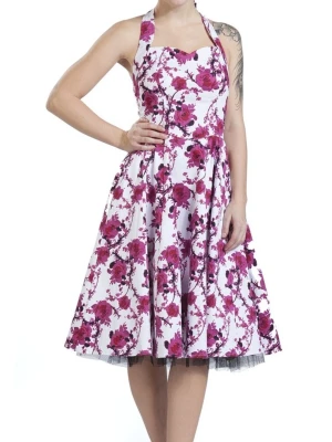 Vit klänning med rosa blommor - Snygg vit klänning med rosa och lila blommigt mönster. Klänningen har en markerad midja, utsvängd kjol och är ärmlös med hjärtformad urringning. Perfekt för dig som gillar färg och retrostil. Jag har sytt dit banden baktill, går enkelt att ta upp om man inte vill ha det så. 