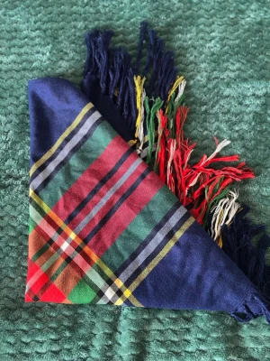 Vintage Färgglad rutig halsduk med fransar  - Säljer en snygg halsduk med klassiskt rutigt mönster i blått, rött, grönt, gult och vitt. Halsduken har långa fransar i flera färger längs kanterna och är tillverkad i ett mjukt tyg som känns skönt mot huden. Perfekt accessoar för att liva upp din outfit.