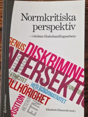 Normkritiska perspektiv kursbok - Kursbok med titeln 'Normkritiska perspektiv – i skolans likabehandlingsarbete' av Elisabeth Elmeroth (red.). Boken tar upp genus, diskriminering och intersektionalitet i skolmiljö.