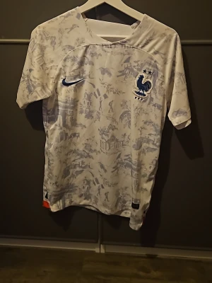 Frankrike Nike matchtröja blåvit - Säljer en blåvit matchtröja från Nike med Frankrikes landslagsemblem på bröstet och två stjärnor ovanför. Tröjan har ett unikt mönster i ljusblått och är tillverkad i ett lätt, ventilerande material. Perfekt för fotbollsträning eller att bära till vardags.
