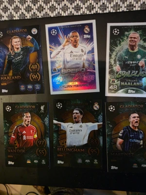 Samling Champions League fotbollskort - Säljer en samling Champions League fotbollskort från Topps med spelare som Haaland, Mbappé, Bellingham, Van Dijk och flera andra stjärnor. Korten har olika teman som Gladiator, Speed, Winner och Hero. Perfekt för samlare som gillar fotboll och unika kort. Enbart Värdekort 