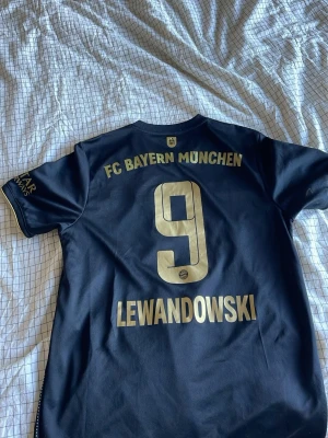 Svart Bayern München matchtröja - Snygg svart matchtröja från FC Bayern München med Lewandowski och nummer 9 på ryggen. Tröjan har guldiga detaljer, klubbmärke och Adidas-logga framtill samt guldiga ränder på axlarna. Tillverkad i lätt och ventilerande material, perfekt för fotbollsträning.