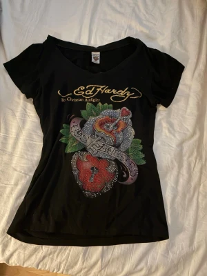 Svart Ed Hardy t-shirt med tryck - Snygg svart t-shirt från Ed Hardy men köpt på Plick 💓, säljer pga att de inte är min stil längre! vissa stenar har ramlat av ( bild 3) men man märker de knappt och är fof i jätte bra skick! Jätte skönt material och den är i storlek S❤️
