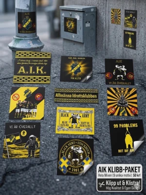 AIK klibbor  9 motiv - Säljer ett paket med 9 unika AIK-klistermärken i svart och gult. Motiven inkluderar AIK-logga, Black Army, klibbor och illustrationer med fotbollstema. Perfekt för att visa ditt AIK-supporterskap. Gå ut i gatan och klistra där du vill och gör gatan svart gul 💛🖤           PRIS:💰👇🏼  10-pack: 30 kr  25-pack: 60 kr   60-pack: 120 kr   