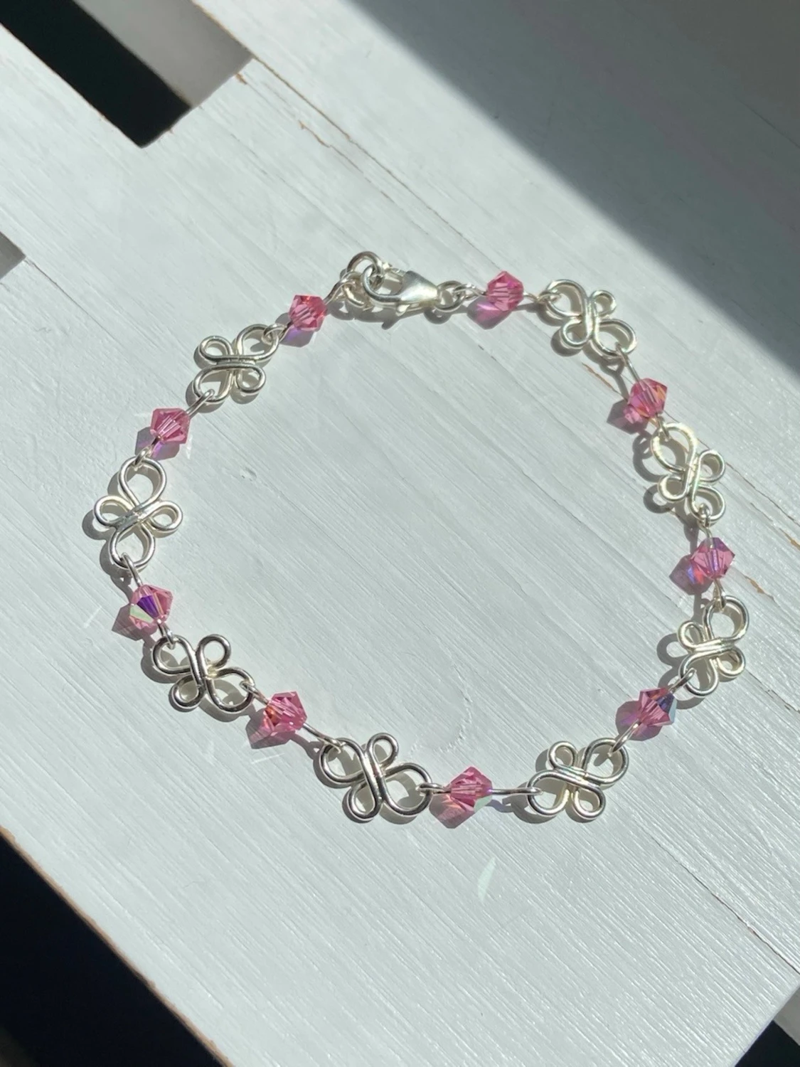 Handgjort 925 silver armband med rosa pärlor 