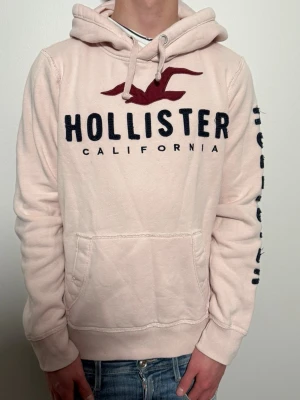 Rosa Hollister vintage hoodie - En ljusrosa Vintage hoodie från märket Hollister. Snyggt tryck fram med text på högerarm. Passar perfekt nu till våren. Hoodien är size M. Skick 9/10. OBS funkar både för killar och tjejer. Modellen är 176cm och väger 65kg
