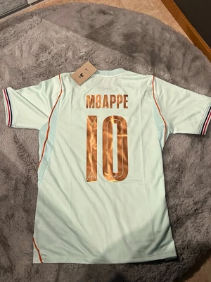 Ljusblå Nike fotbollströja Frankrike - Säljer en ljusblå fotbollströja från Nike med Frankrikes landslagsmärke och nummer 10 i guld på både fram- och baksidan. Tröjan har Mbappé tryckt på ryggen, röda och blå detaljer samt korta ärmar. Perfekt för fotbollsfans!