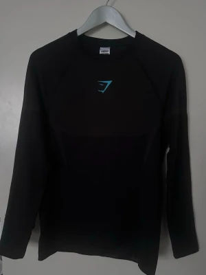 Svart långärmad träningströja Gymshark - Svart långärmad träningströja från Gymshark med blå logga på bröstet. Tillverkad i ett stretchigt och ventilerande funktionsmaterial som passar perfekt för gym och löpning. Tight passform och rund halsringning för en sportig look. Aldrig använt den! Priset kan diskuteras