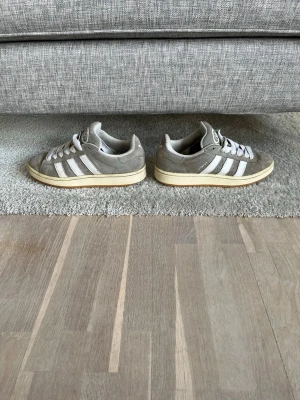 Grå Adidas Campus sneakers i mocka - Säljer ett par grå Adidas Campus sneakers i mocka med klassiska vita ränder på sidorna och vit sula. Skorna har lågt skaft och vita skosnören. Perfekta för en stilren och avslappnad look. Ord pris: 1449kr från adidas hemsida mitt pris: 899kr