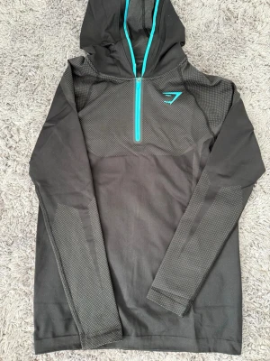 Svart/blå gymshark onyx v5 hoodie - Svart långärmad hoodie från Gymshark med turkos dragkedja och logga på bröstet. Tröjan har huva och är tillverkad i ett tekniskt, stretchigt material med mesh-detaljer på axlar och ärmar. Perfekt för träning eller löpning.