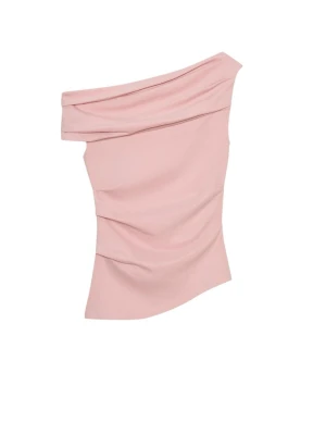 Ljusrosa one shoulder topp - Trendig ljusrosa topp med asymmetrisk one shoulder-design och draperade detaljer. Tillverkad i ett mjukt, stretchigt material som sitter snyggt mot kroppen. Perfekt för dig som vill sticka ut med en modern och stilren look.