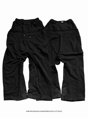 nvr sweatpants flare baggy custom - @newvanguardrevolution                       1-of-1 sweatpants. Handmade in Stockholm from reclaimed materials. No restocks. No repeats. Available on Vinted & Plick, or via Instagram DMs.  Measurements Waist (A): 34cm/stretches to ~50cm Thigh (B): 30cm Leg Opening (C): 30cm Inseam (D): 61cm Outseam (E): 113cm