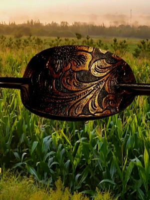 Oval hårklämma i bronsmönster - Snygg oval hårklämma i konstläder med detaljerat blommigt och bladigt mönster i brons och svart. Klämman har en metallisk finish och ger en vintagekänsla med sin unika struktur och eleganta design. Perfekt för att lyfta din frisyr med en cool accessoar.